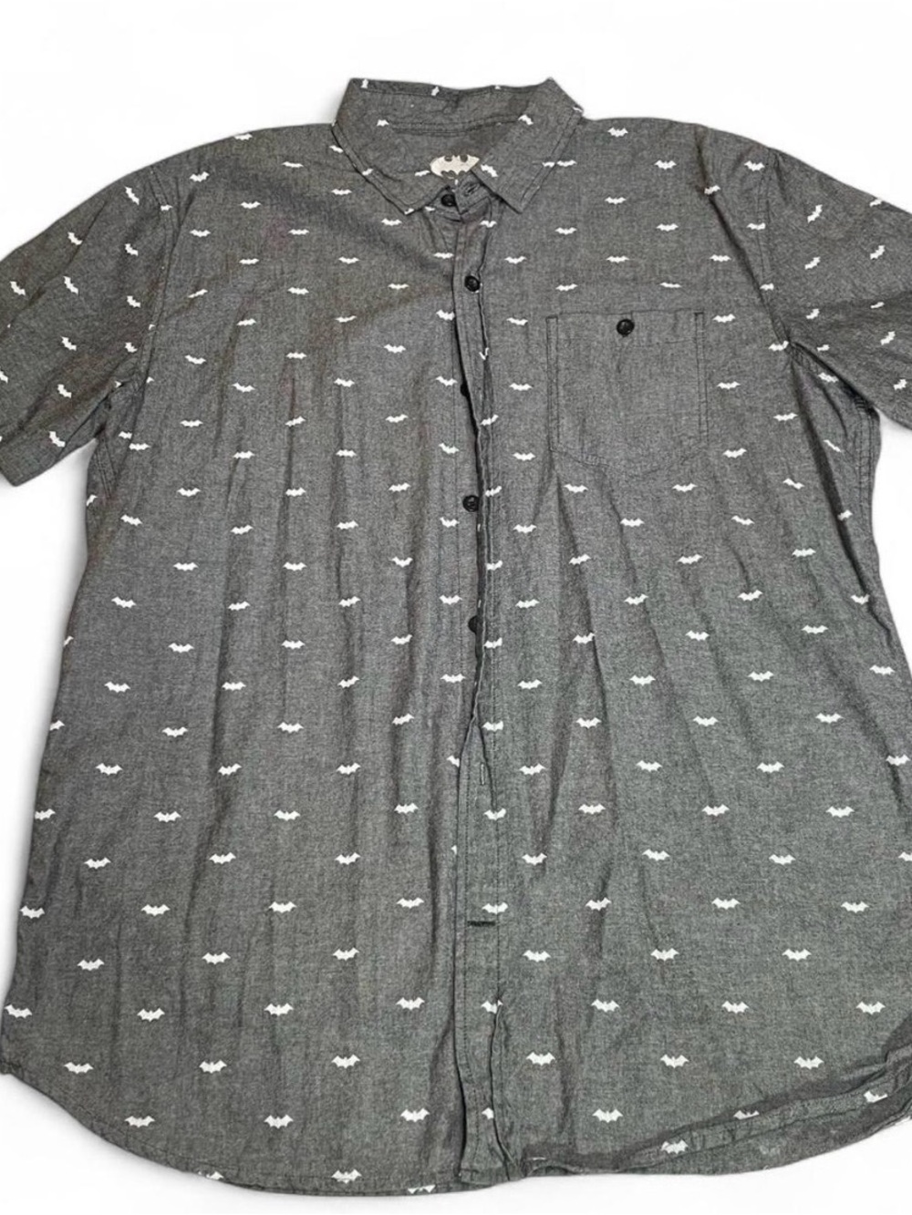 Bioworld Batman Button Down Shirt Grey Chambray Bat Pattern Boys Size S 16
